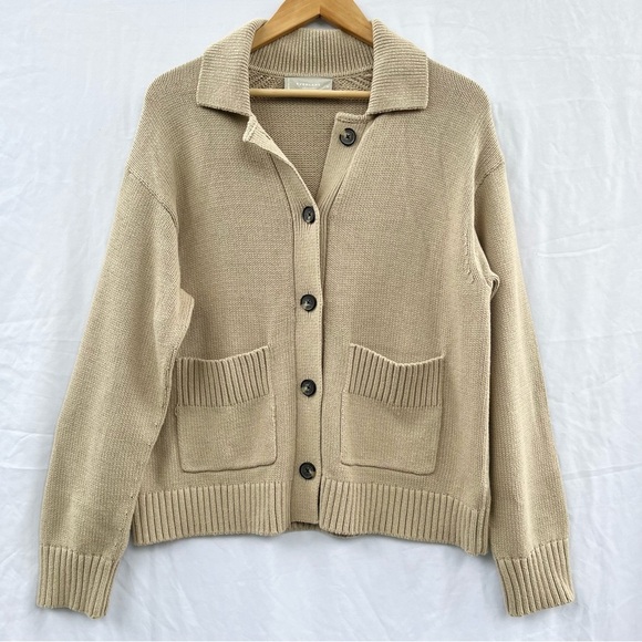 EVERLANE | COTTON CHORE SWEATER JACKET IN TRENCH COAT KHAKI MEDIUM - Picture 7 of 11